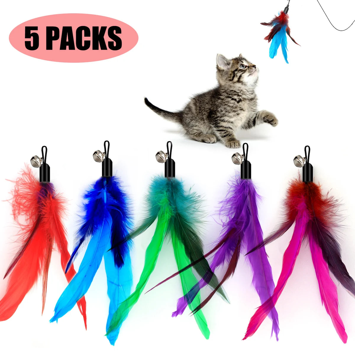 Cat Toys Interactive 5Pcs Teaser Refill Replacement Feather with Bell for Kitty Kitten Scratching Exercise Indoor