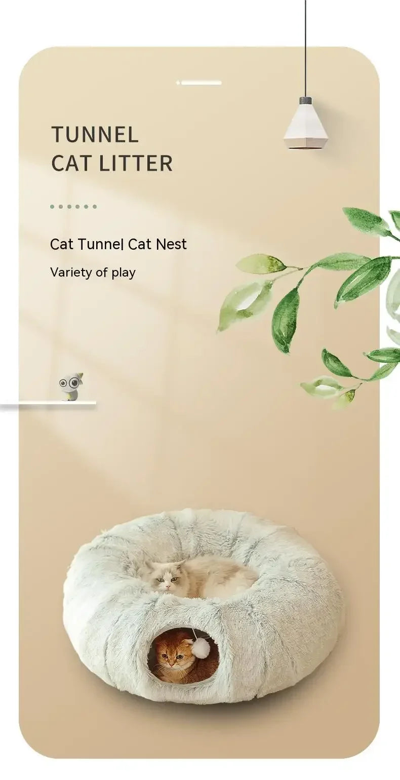 Plush Cat Bed with Tunnel for Indoor Cats Multifunctional Cat Tunnel