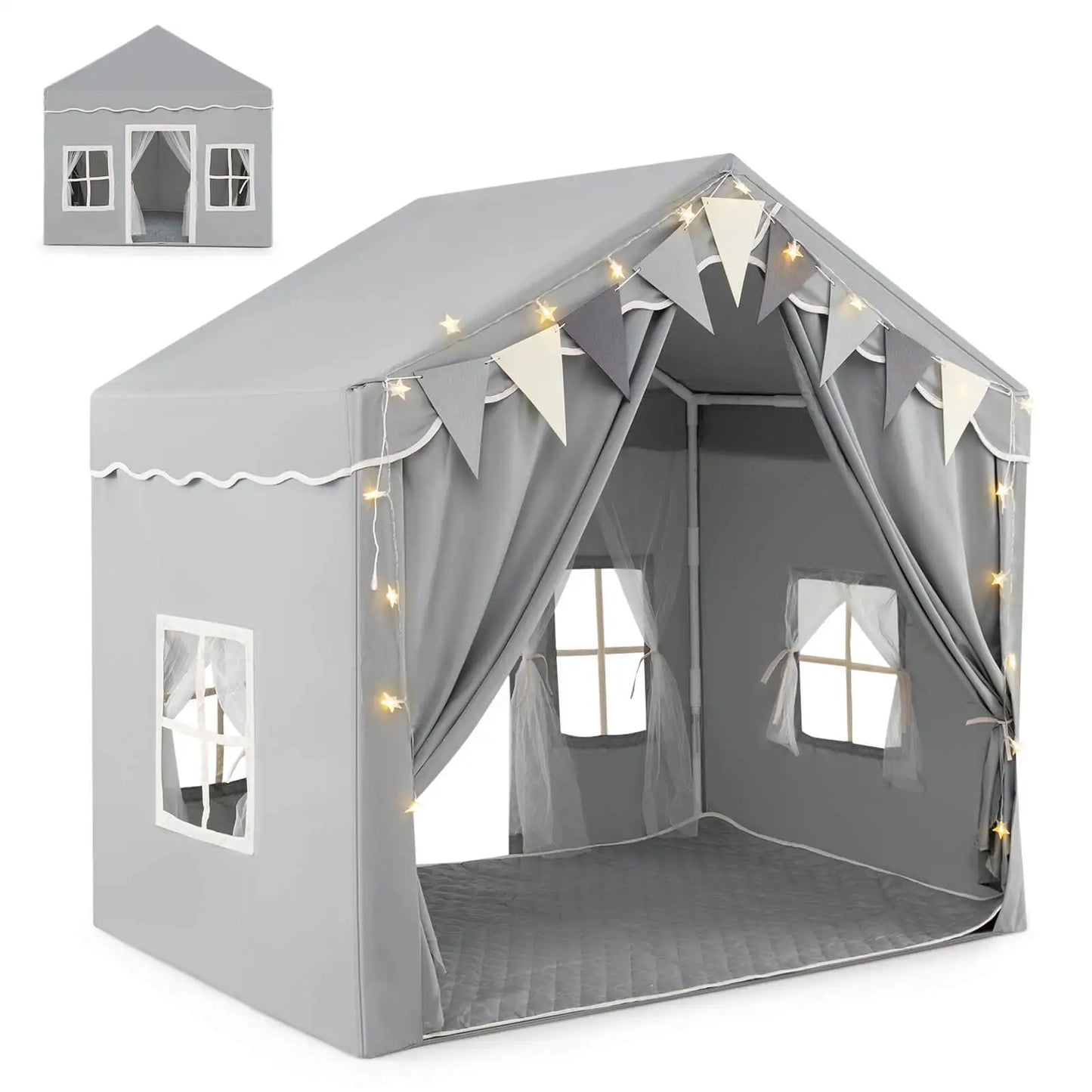 Large Play Tent House 2 Opening Doors Star Lights & Plaid Pennants 3-4 Kids