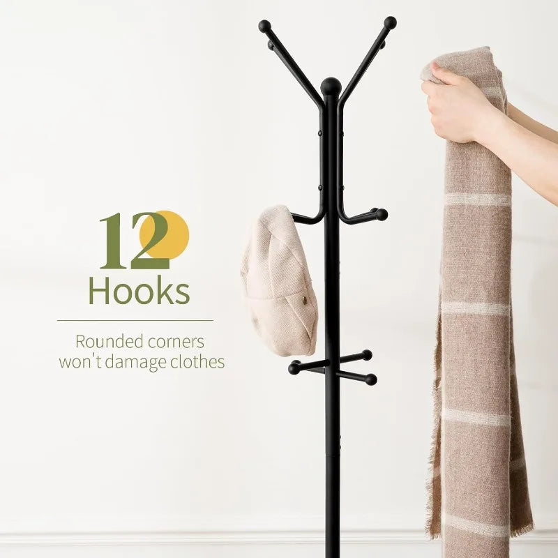 Coat Rack Freestanding, Coat Tree with Umbrella Holder, Metal Coat Rack Stand with 12 Hooks, Modern Coat Hanger Stand.