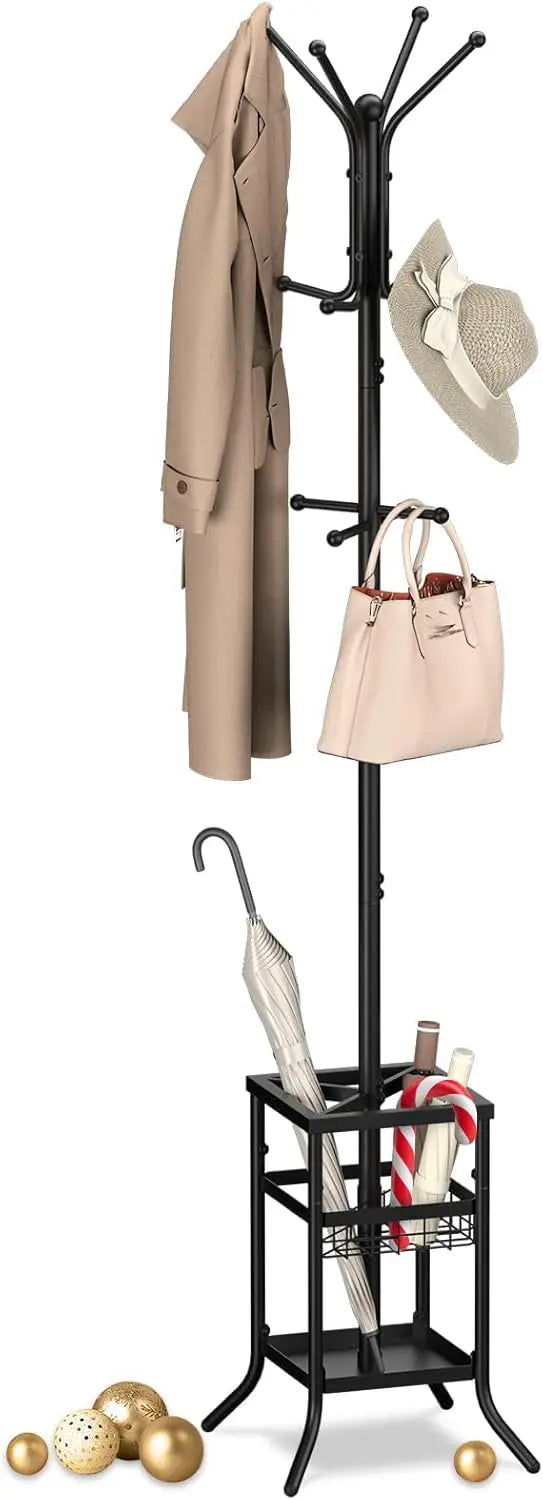 Coat Rack Freestanding, Coat Tree with Umbrella Holder, Metal Coat Rack Stand with 12 Hooks, Modern Coat Hanger Stand.