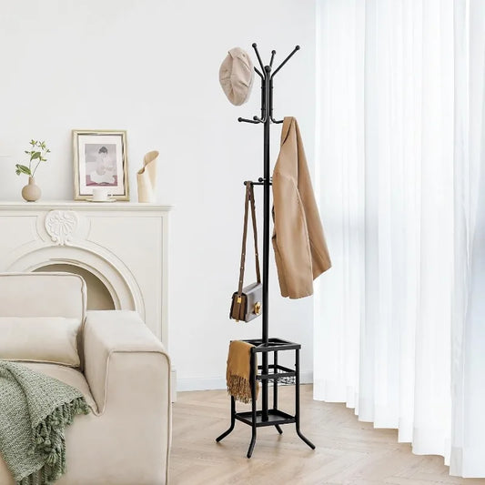 Coat Rack Freestanding, Coat Tree with Umbrella Holder, Metal Coat Rack Stand with 12 Hooks, Modern Coat Hanger Stand.