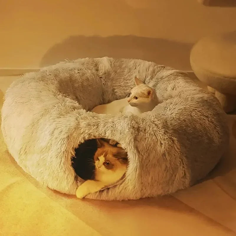 Plush Cat Bed with Tunnel for Indoor Cats Multifunctional Cat Tunnel