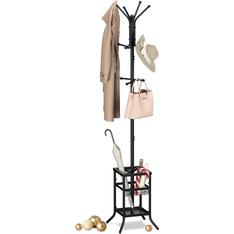 Coat Rack Freestanding, Coat Tree with Umbrella Holder, Metal Coat Rack Stand with 12 Hooks, Modern Coat Hanger Stand.