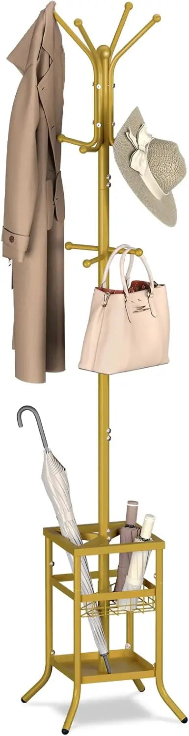 Coat Rack Freestanding, Coat Tree with Umbrella Holder, Metal Coat Rack Stand with 12 Hooks, Modern Coat Hanger Stand.