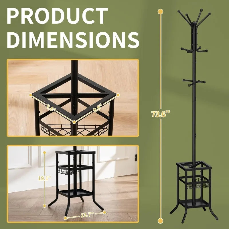 Coat Rack Freestanding, Coat Tree with Umbrella Holder, Metal Coat Rack Stand with 12 Hooks, Modern Coat Hanger Stand.