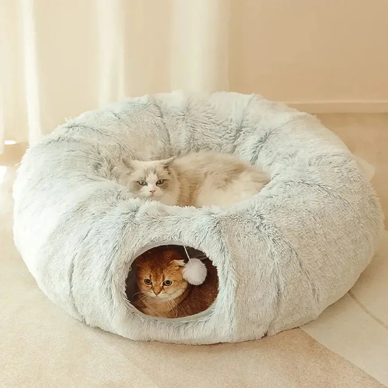 Plush Cat Bed with Tunnel for Indoor Cats Multifunctional Cat Tunnel