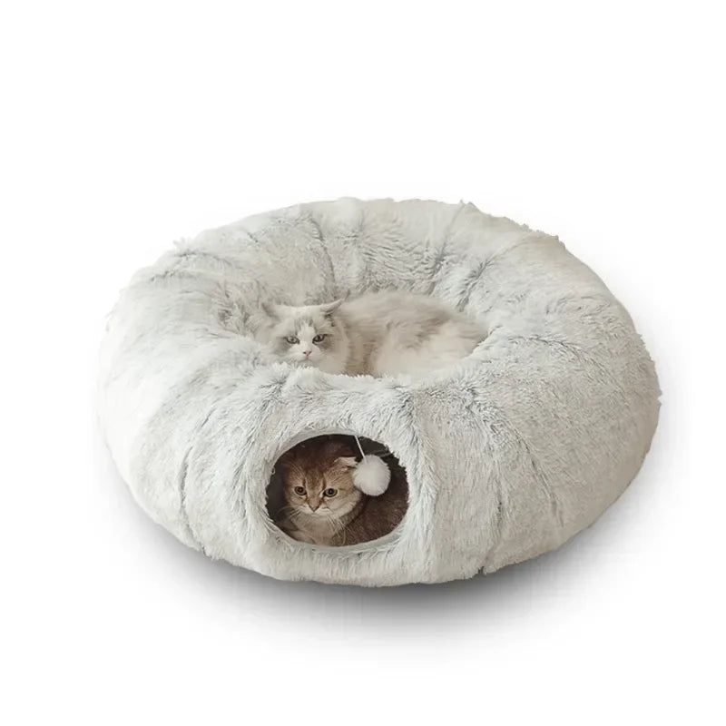 Plush Cat Bed with Tunnel for Indoor Cats Multifunctional Cat Tunnel