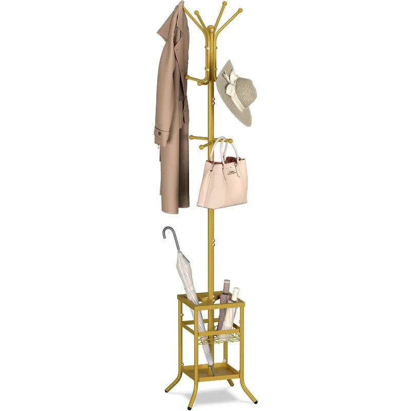 Coat Rack Freestanding, Coat Tree with Umbrella Holder, Metal Coat Rack Stand with 12 Hooks, Modern Coat Hanger Stand.