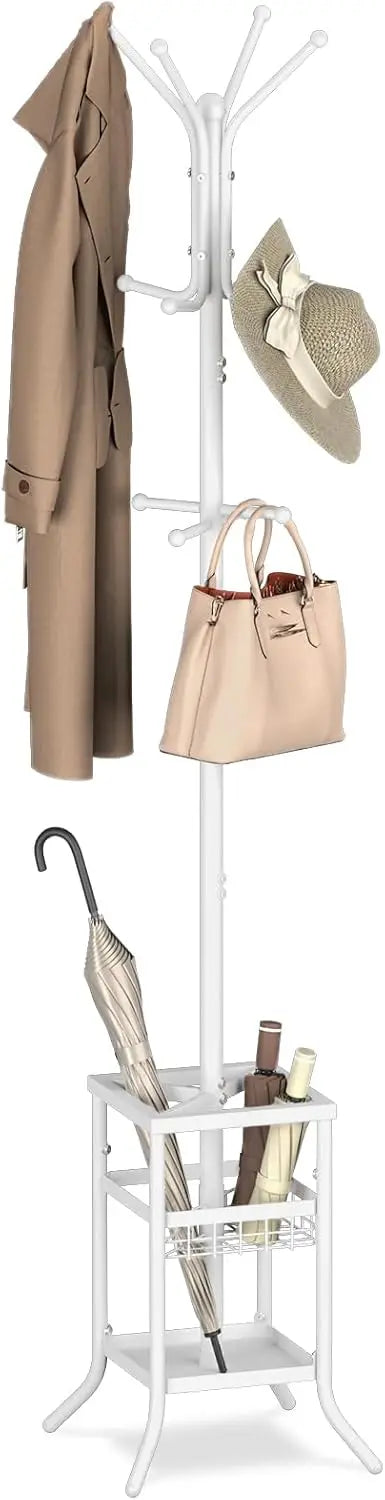 Coat Rack Freestanding, Coat Tree with Umbrella Holder, Metal Coat Rack Stand with 12 Hooks, Modern Coat Hanger Stand.