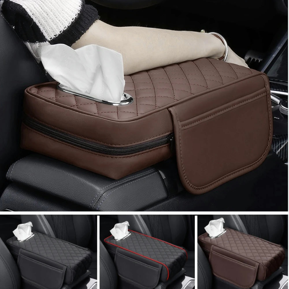 Car Armrest Box Pad Tissue Box Cover With Side Storage Pocket