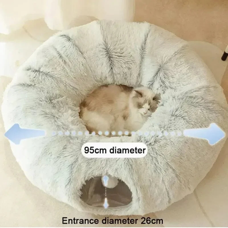 Plush Cat Bed with Tunnel for Indoor Cats Multifunctional Cat Tunnel