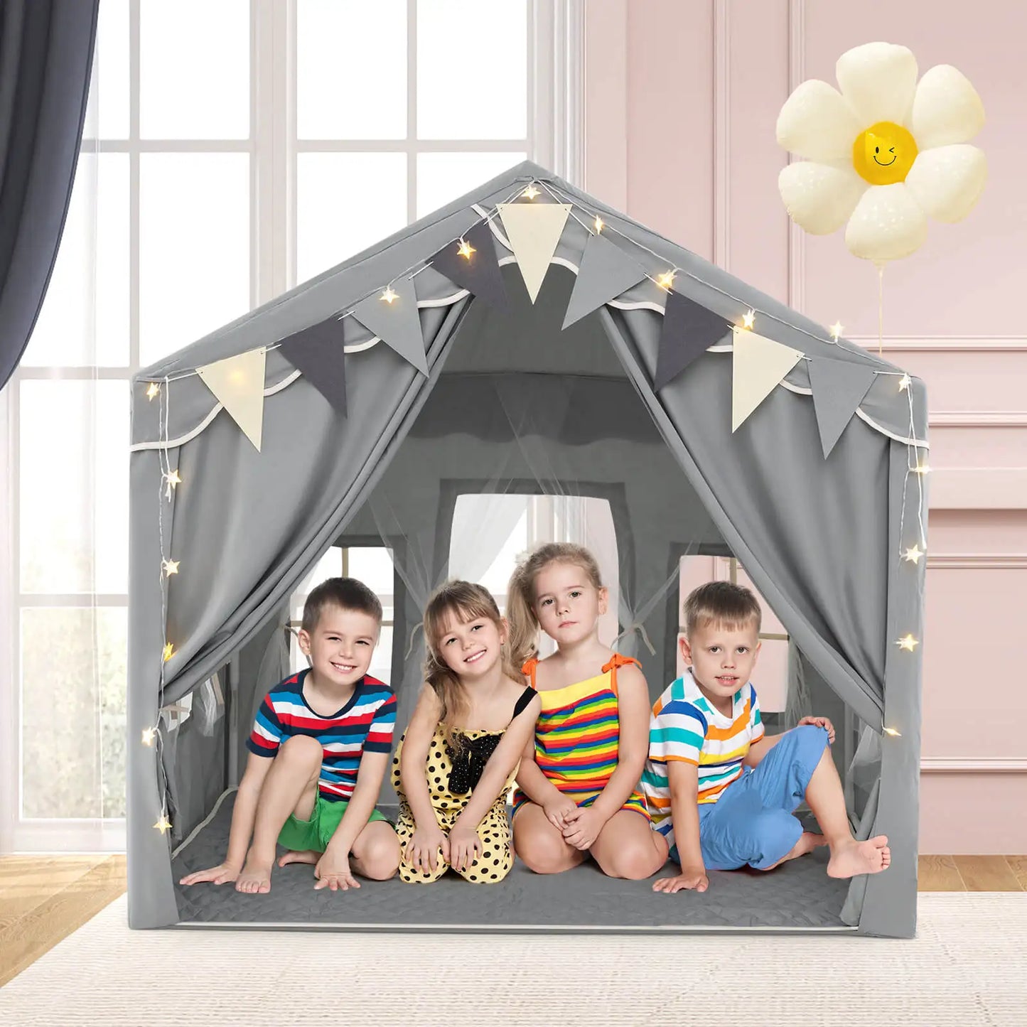 Large Play Tent House 2 Opening Doors Star Lights & Plaid Pennants 3-4 Kids