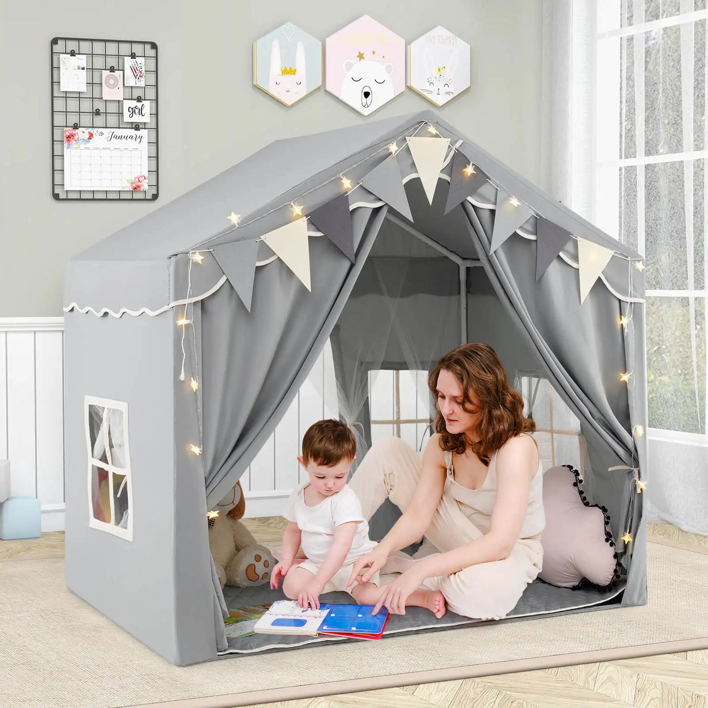 Large Play Tent House 2 Opening Doors Star Lights & Plaid Pennants 3-4 Kids