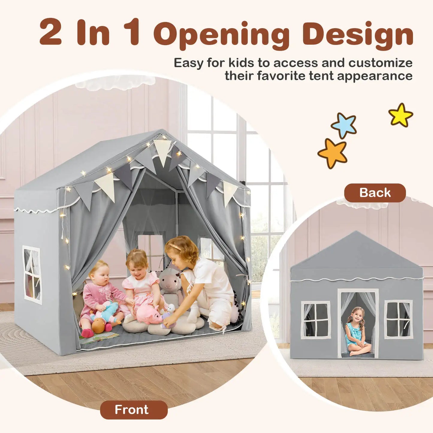 Large Play Tent House 2 Opening Doors Star Lights & Plaid Pennants 3-4 Kids