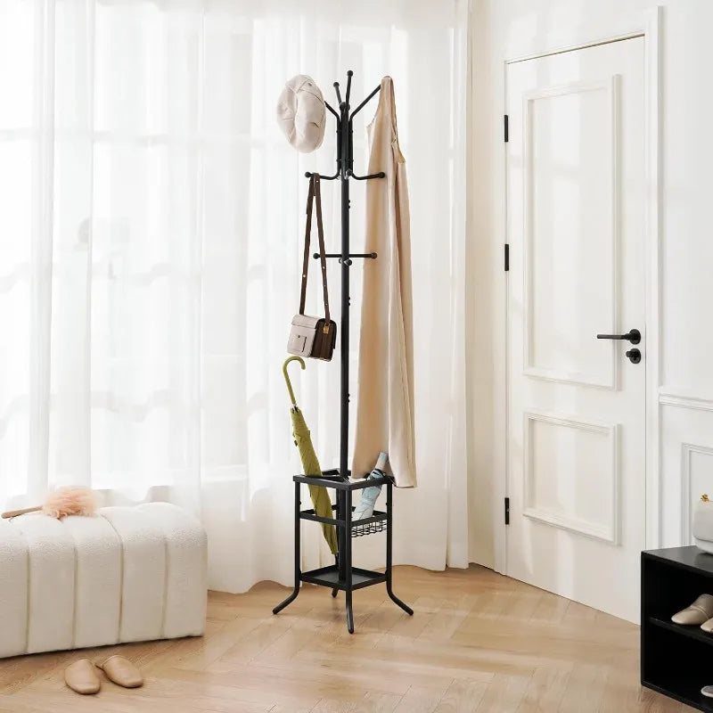 Coat Rack Freestanding, Coat Tree with Umbrella Holder, Metal Coat Rack Stand with 12 Hooks, Modern Coat Hanger Stand.